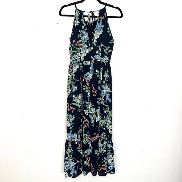 Maison Jules Maxi Dress Navy Floral Halter Neck Ruffle Hem 0 XS - Picture 2 of 3